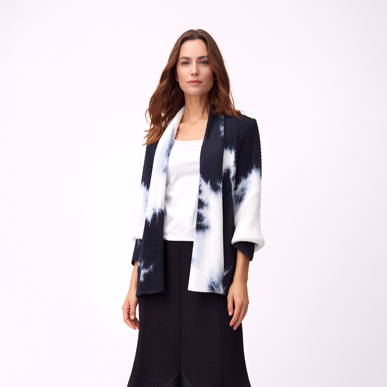 [Ellyndale - Pleating Jacket- Shawl Collar - Watercolor: Watercolor / O/S], [], [Ellyndale], [Plum Bottom].