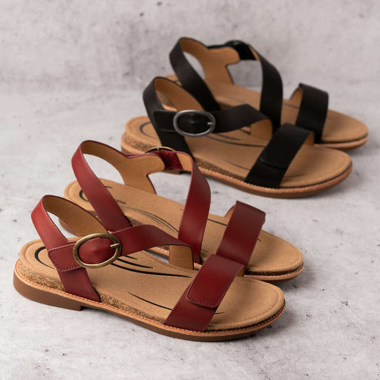 Aetrex - Tamara - Black & Red Leather, Sandals, AETREX, Plum Bottom