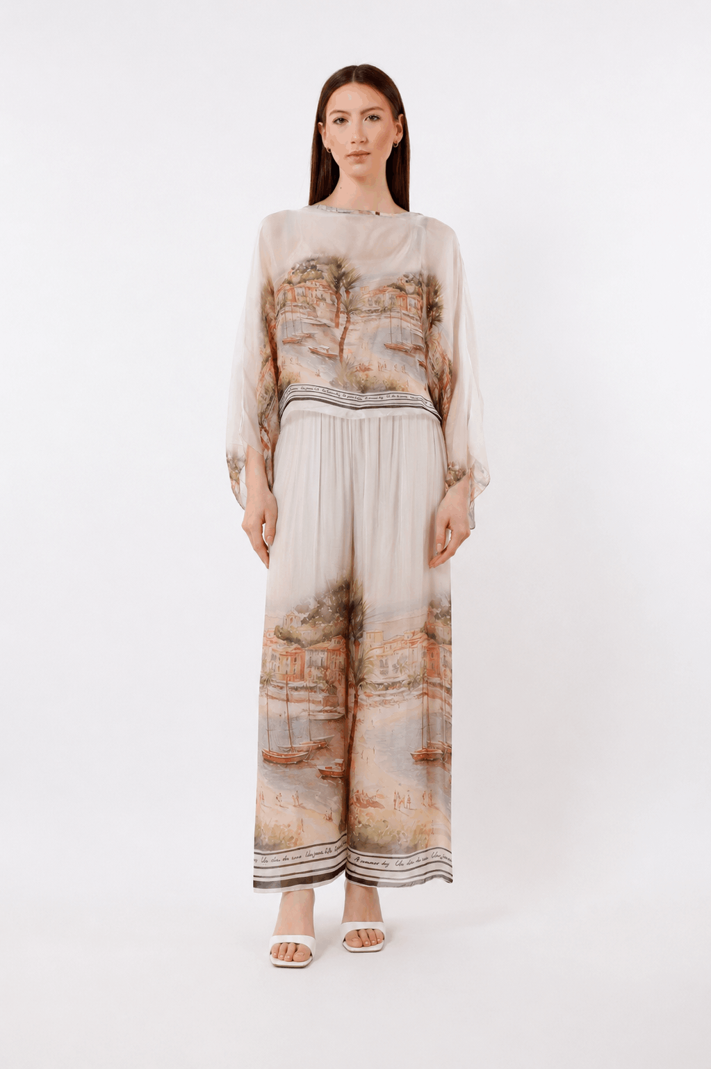 [TINA Stephens Italy/Tees By Tina - Sofita Positano Cropped Silk Kaftan (BQ200P): 250 Beige / One Size], [CLOTHING], [TINA Stephens Italy/Tees By Tina], [Plum Bottom].