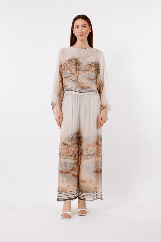 [TINA Stephens Italy/Tees By Tina - Sofita Positano Cropped Silk Kaftan (BQ200P): 250 Beige / One Size], [CLOTHING], [TINA Stephens Italy/Tees By Tina], [Plum Bottom].