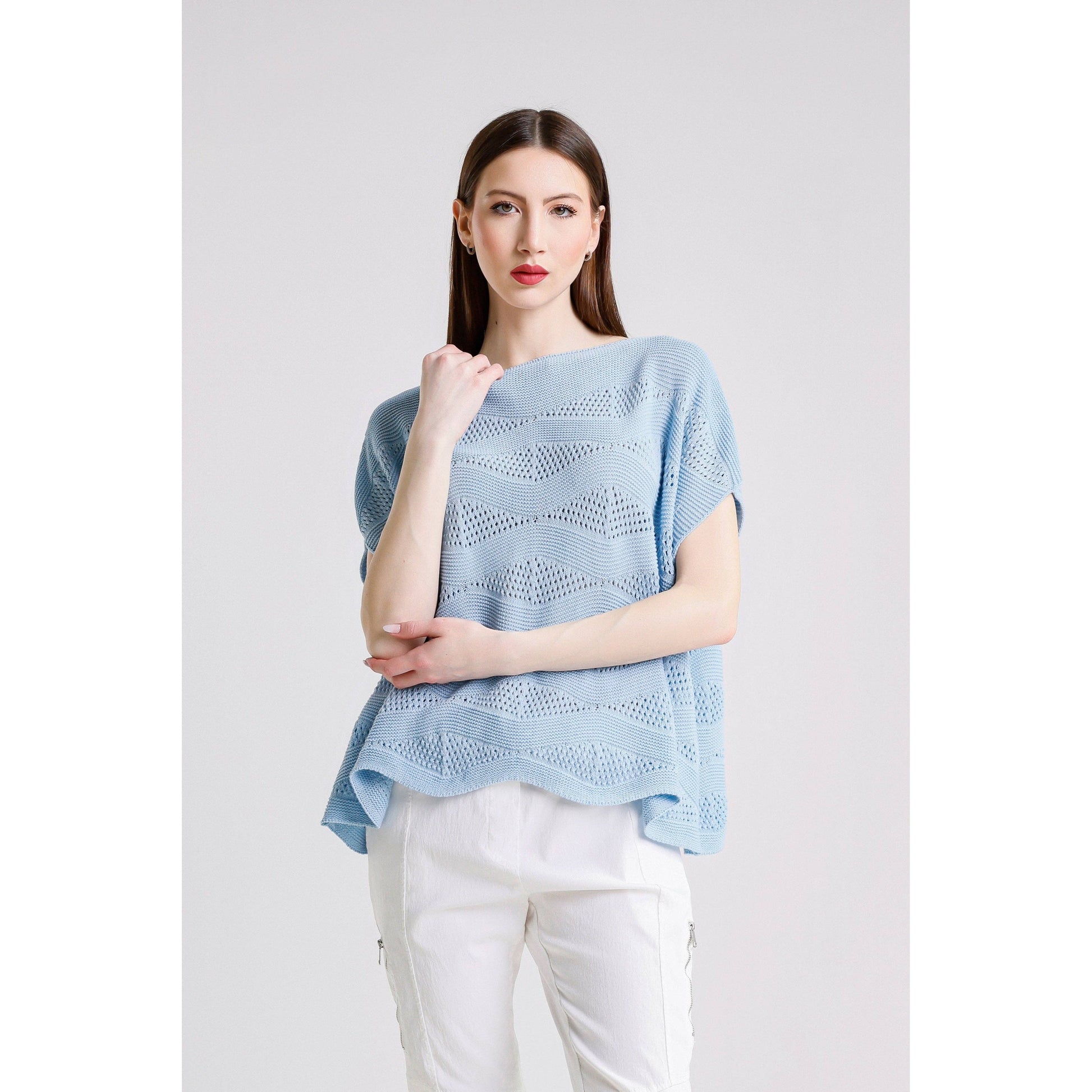 [TINA Stephens Italy/Tees By Tina - Patsy Short Sleeve Wave Knit Sweater (BSS912): 430 Sky Blue / One Size], [CLOTHING], [TINA Stephens Italy/Tees By Tina], [Plum Bottom].