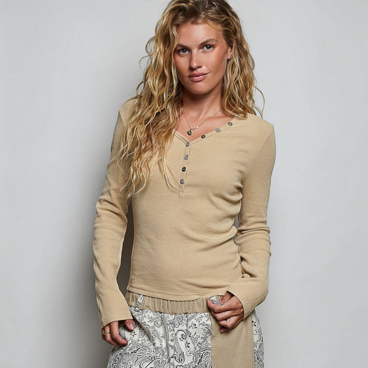 [Pol Clothing - Long Sleeve Novelty Button Wide V Neck Solid Knit Top: LATTE / L], [Tops], [Pol Clothing], [Plum Bottom].