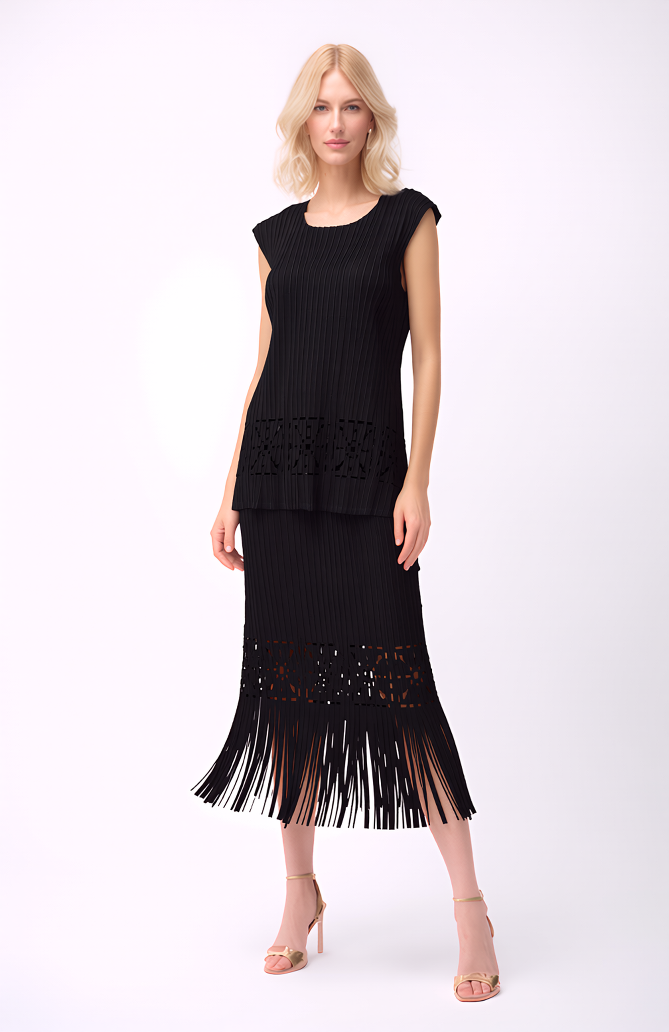 [Ellyndale - Pleated Cutout Skirt with Fringe - Black: Black], [Skirts], [Ellyndale], [Plum Bottom].