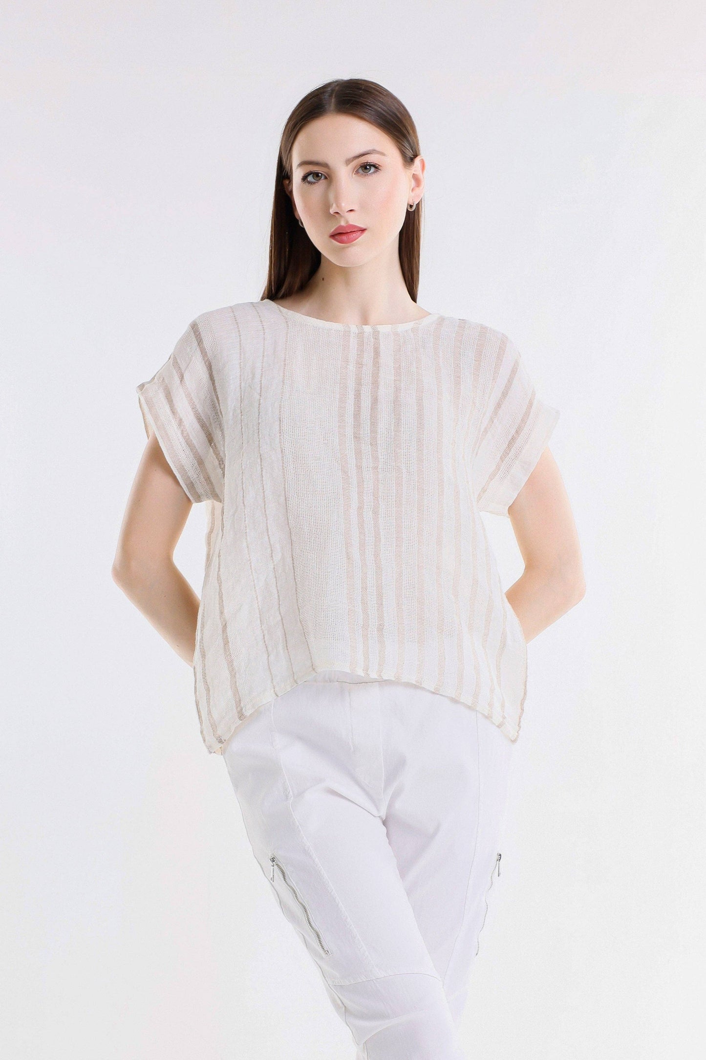 [TINA Stephens Italy/Tees By Tina - Heidi Short Sleeve Specialty Linen Striped Top (BSS914): 109B Natural w/ Beige / One Size], [CLOTHING], [TINA Stephens Italy/Tees By Tina], [Plum Bottom].