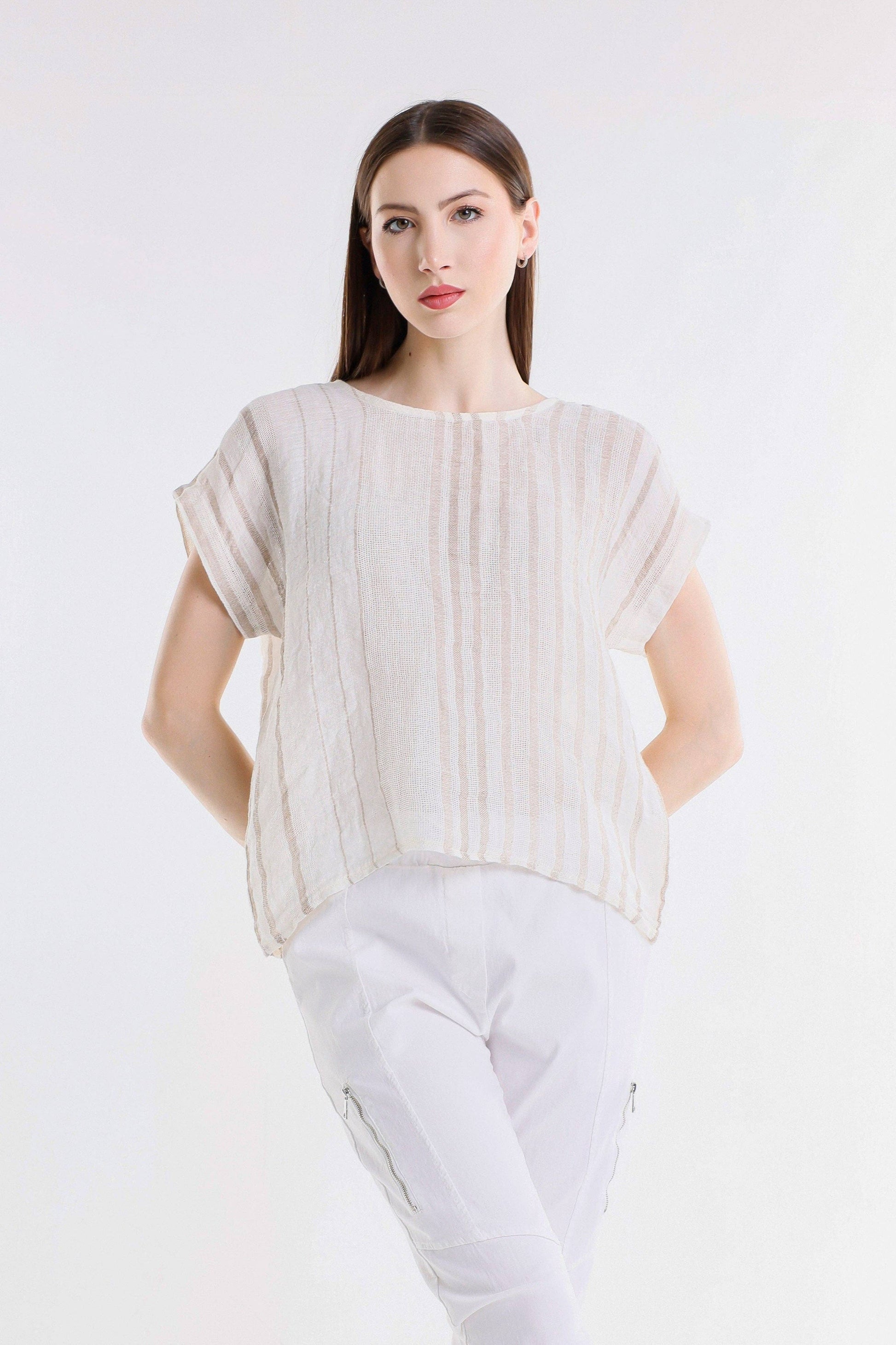 [TINA Stephens Italy/Tees By Tina - Heidi Short Sleeve Specialty Linen Striped Top (BSS914): 109B Natural w/ Beige / One Size], [CLOTHING], [TINA Stephens Italy/Tees By Tina], [Plum Bottom].