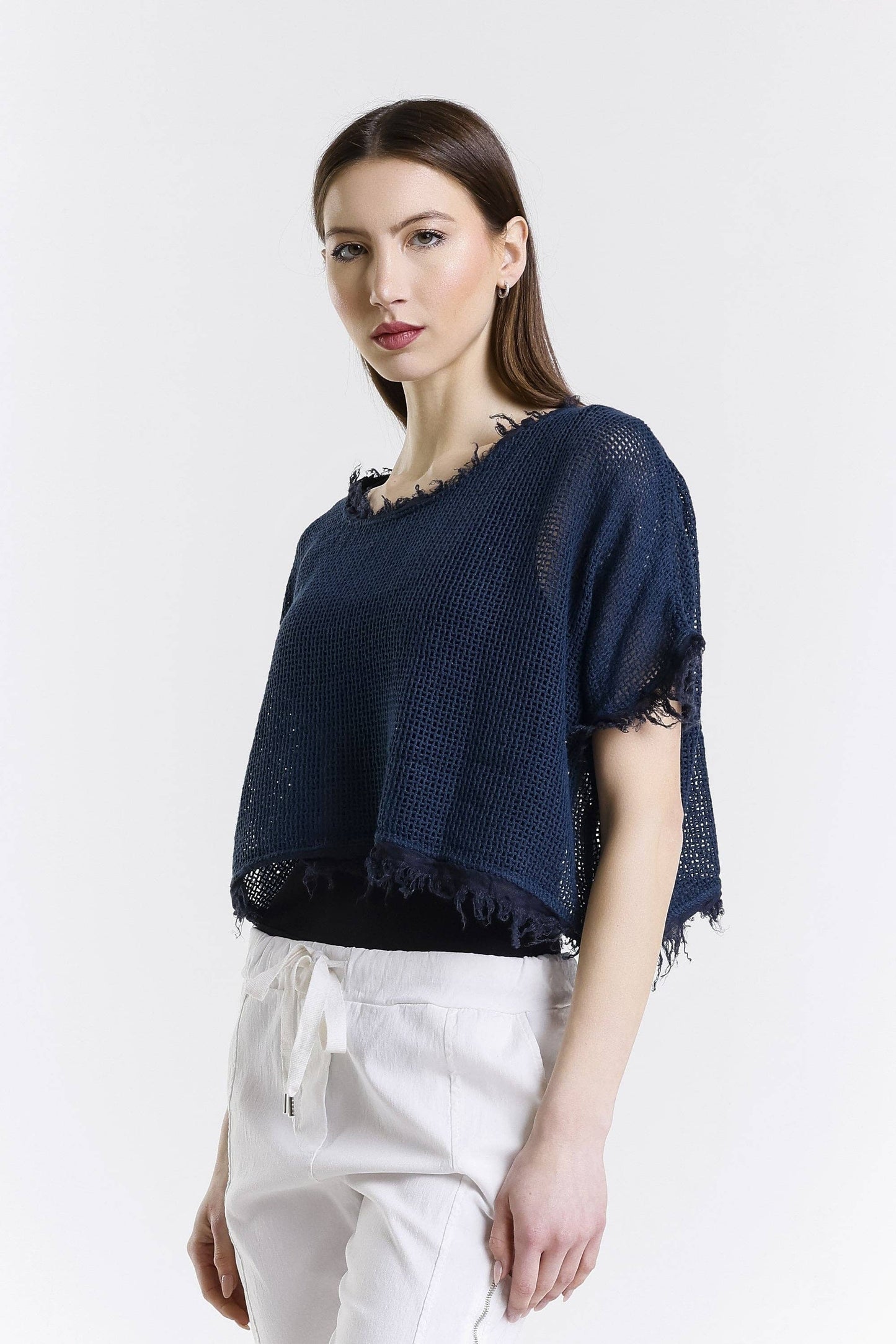 [TINA Stephens Italy/Tees By Tina - Yvonne Short Sleeve Linen Fringe Top (BSS905): 409 Navy / One Size], [CLOTHING], [TINA Stephens Italy/Tees By Tina], [Plum Bottom].