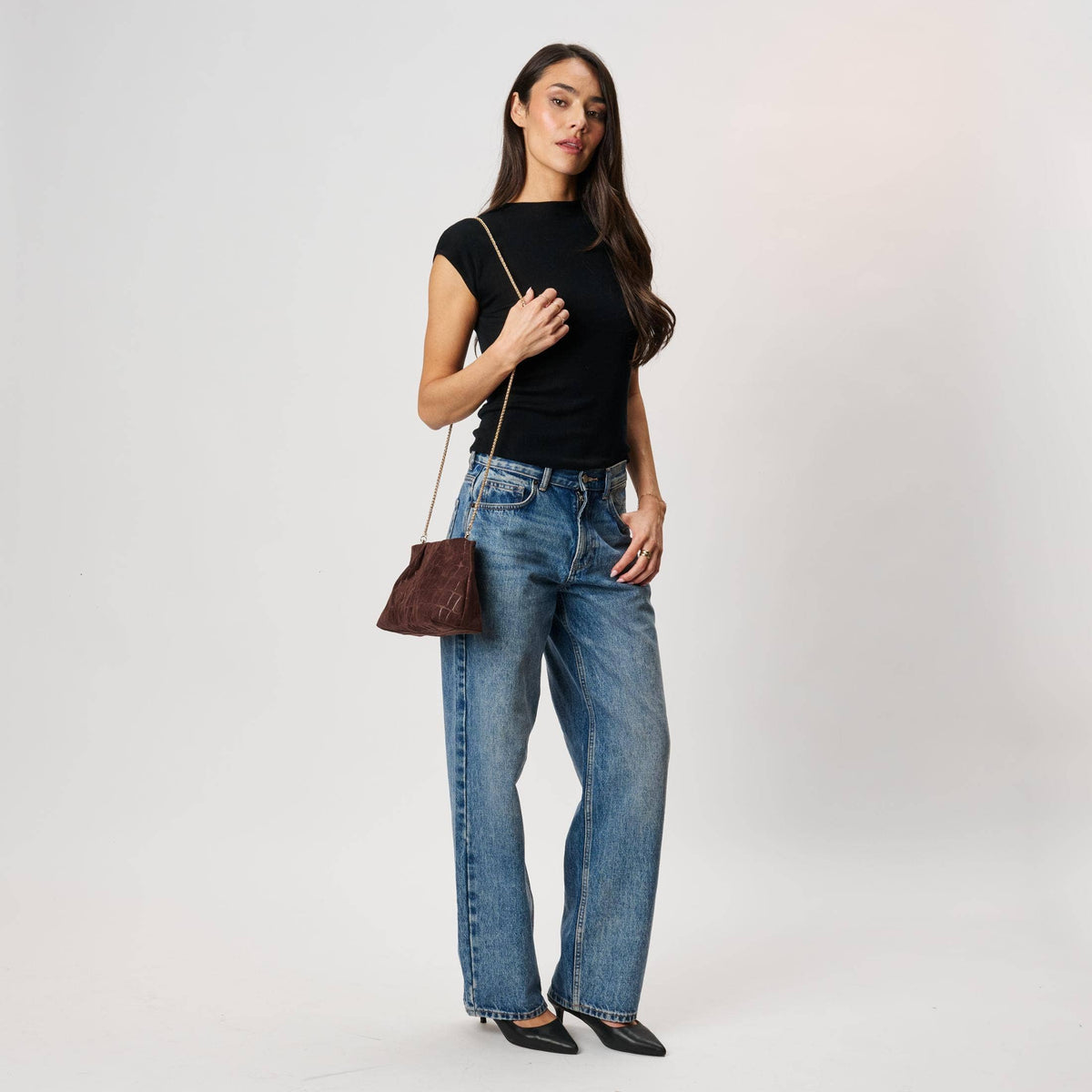 [Moda Luxe - Elva - Croc Embossed Faux Suede Clutch: Chocolate], [Handbags], [Moda Luxe], [Plum Bottom].