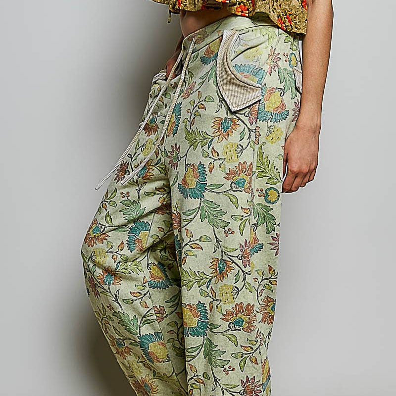 [Pol Clothing - Printed French Terry Lounge Adjustable Drawstring Pants: SAGE FLORAL / L], [Pants], [Pol Clothing], [Plum Bottom].