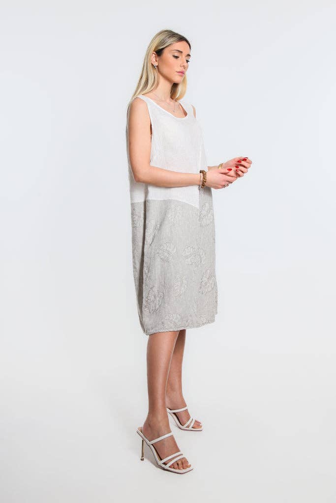 [TINA Stephens Italy/Tees By Tina - Donna Leaf Jacquard Insert Linen Dress (DT123J): 109 Natural], [CLOTHING], [TINA Stephens Italy/Tees By Tina], [Plum Bottom].