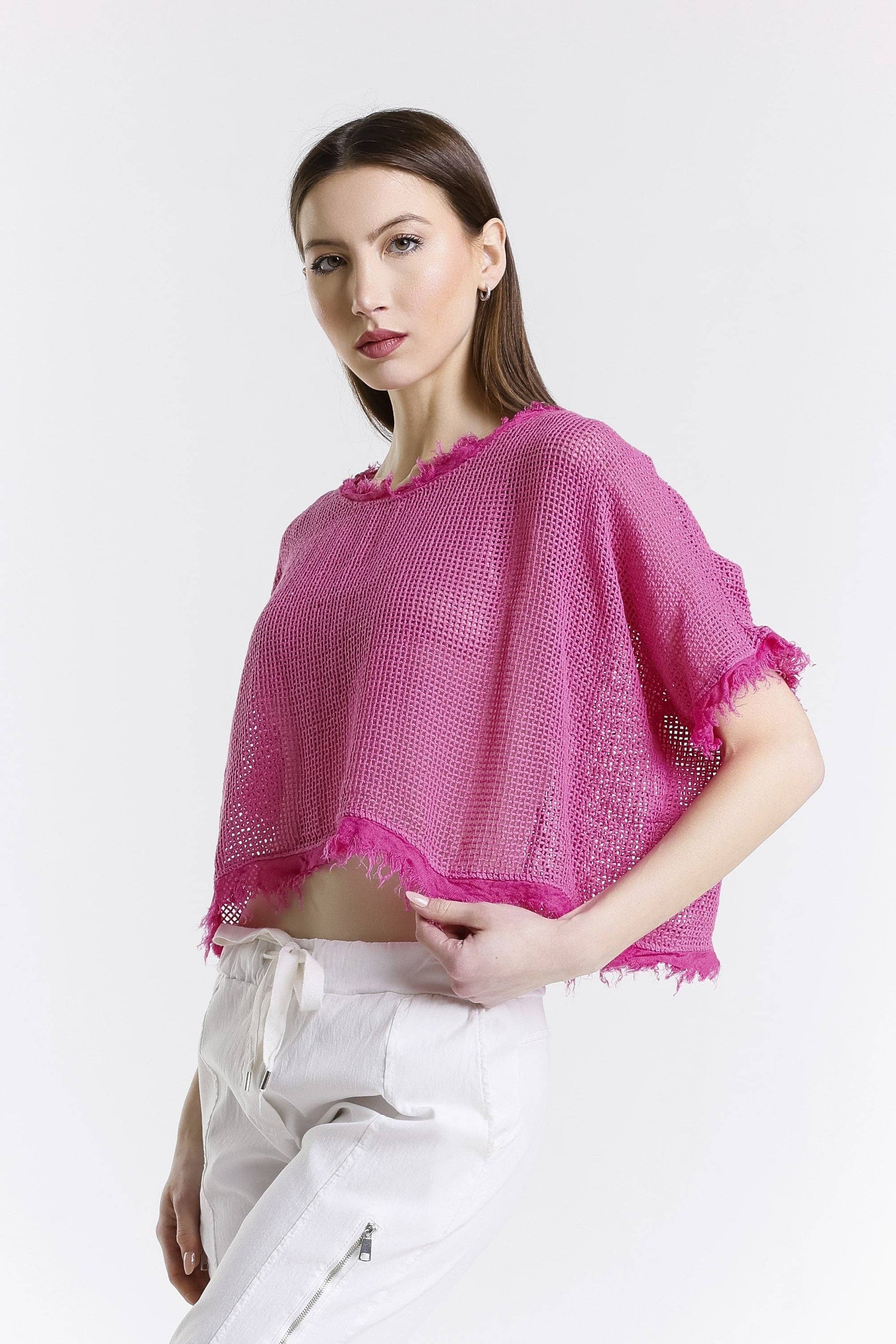 [TINA Stephens Italy/Tees By Tina - Yvonne Short Sleeve Linen Fringe Top (BSS905): 672 Fuchsia / One Size], [CLOTHING], [TINA Stephens Italy/Tees By Tina], [Plum Bottom].