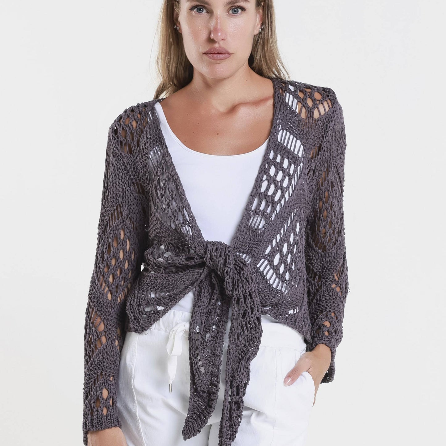 [TINA Stephens Italy/Tees By Tina - Kandra Open Knit Tie Front Bolero (CLS303): 503 Eggplant], [], [TINA Stephens Italy/Tees By Tina], [Plum Bottom].