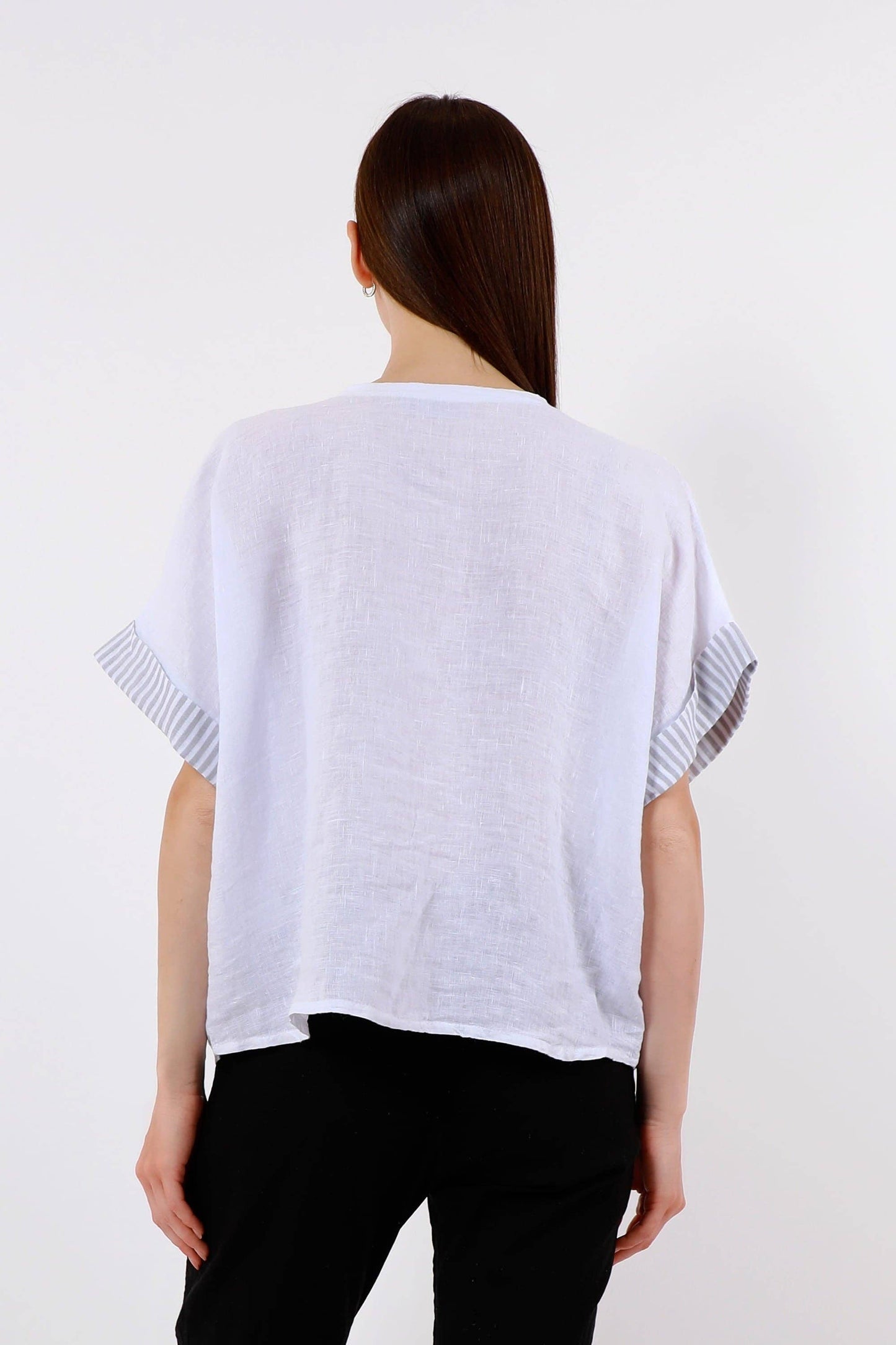 [TINA Stephens Italy/Tees By Tina - Brie Stripe Trim Short Sleeve Linen Top (BSS936PR): 286 Cashmere / One Size], [Tops], [TINA Stephens Italy/Tees By Tina], [Plum Bottom].