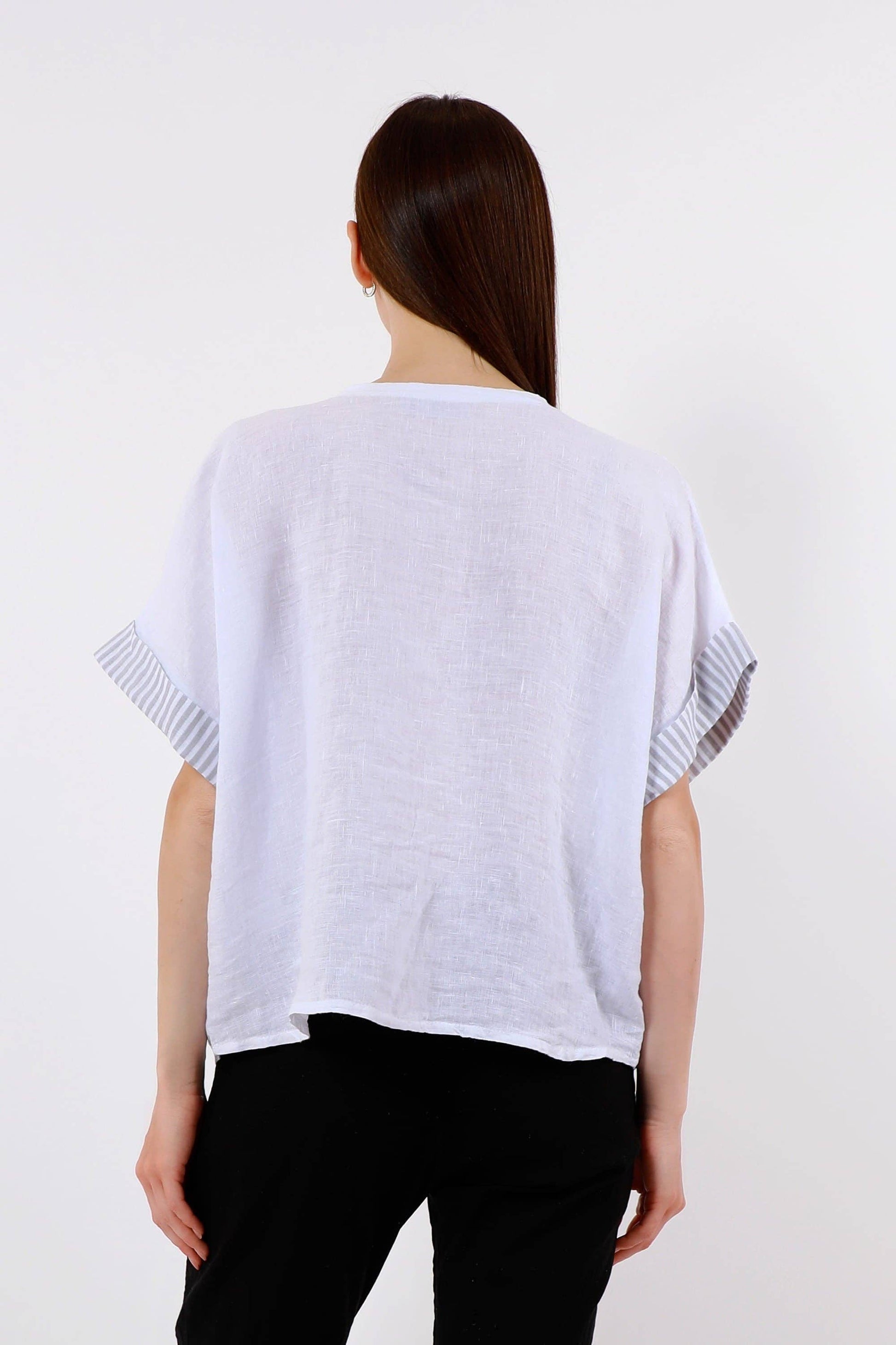 [TINA Stephens Italy/Tees By Tina - Brie Stripe Trim Short Sleeve Linen Top (BSS936PR): 286 Cashmere / One Size], [Tops], [TINA Stephens Italy/Tees By Tina], [Plum Bottom].
