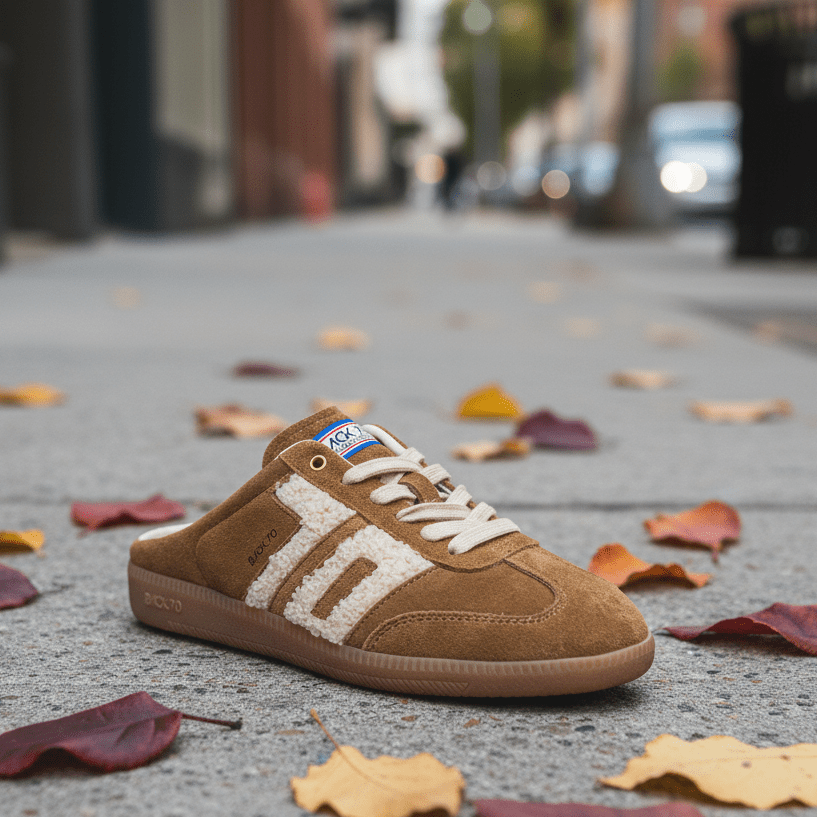 Brown slide sneaker sitting on a sidewalk with leaves.