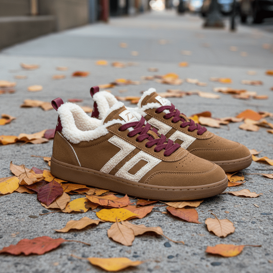 A low-top brown suede sneaker with white fur trim, white side stripes, and white laces, shown against a plain white background.
