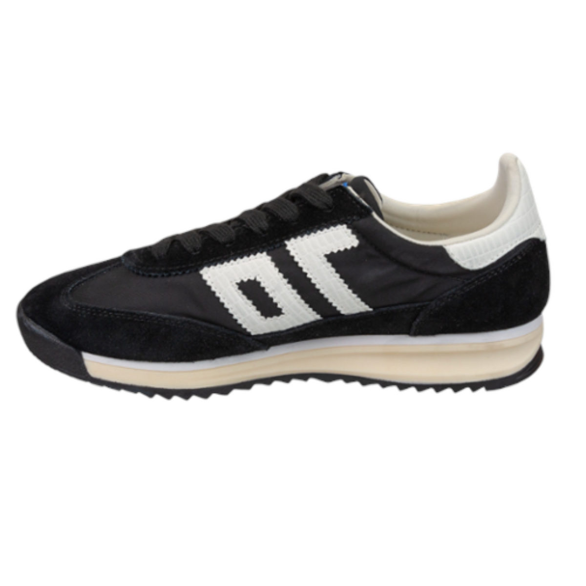 Plum Bottom BACK 70 Barkley black jogger sneakers with white logo detail, suede accents, and a low platform sole.