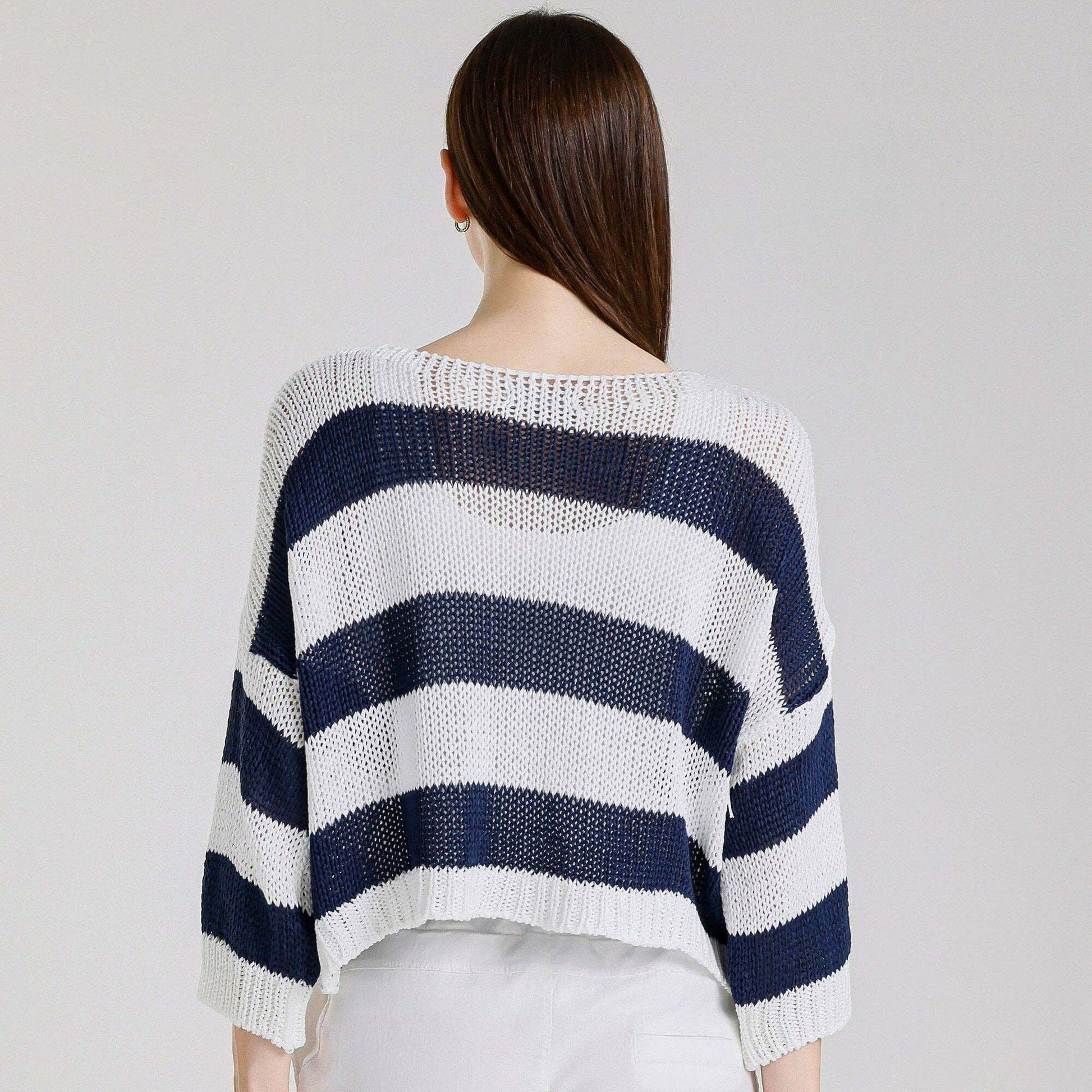 [TINA Stephens Italy/Tees By Tina - Danisha Striped Sweater (BLS919): 100N White w/ Navy Stripe / One Size], [CLOTHING], [TINA Stephens Italy/Tees By Tina], [Plum Bottom].