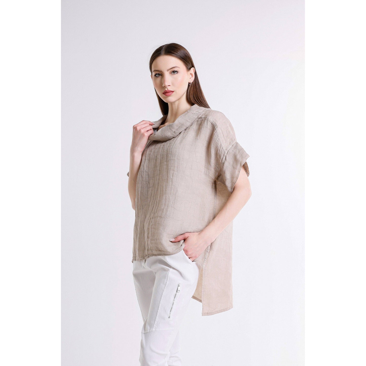 [TINA Stephens Italy/Tees By Tina - Cassidy Drape Neck Bubble Linen Top (BSS908): 286 Cashmere / One Size], [CLOTHING], [TINA Stephens Italy/Tees By Tina], [Plum Bottom].