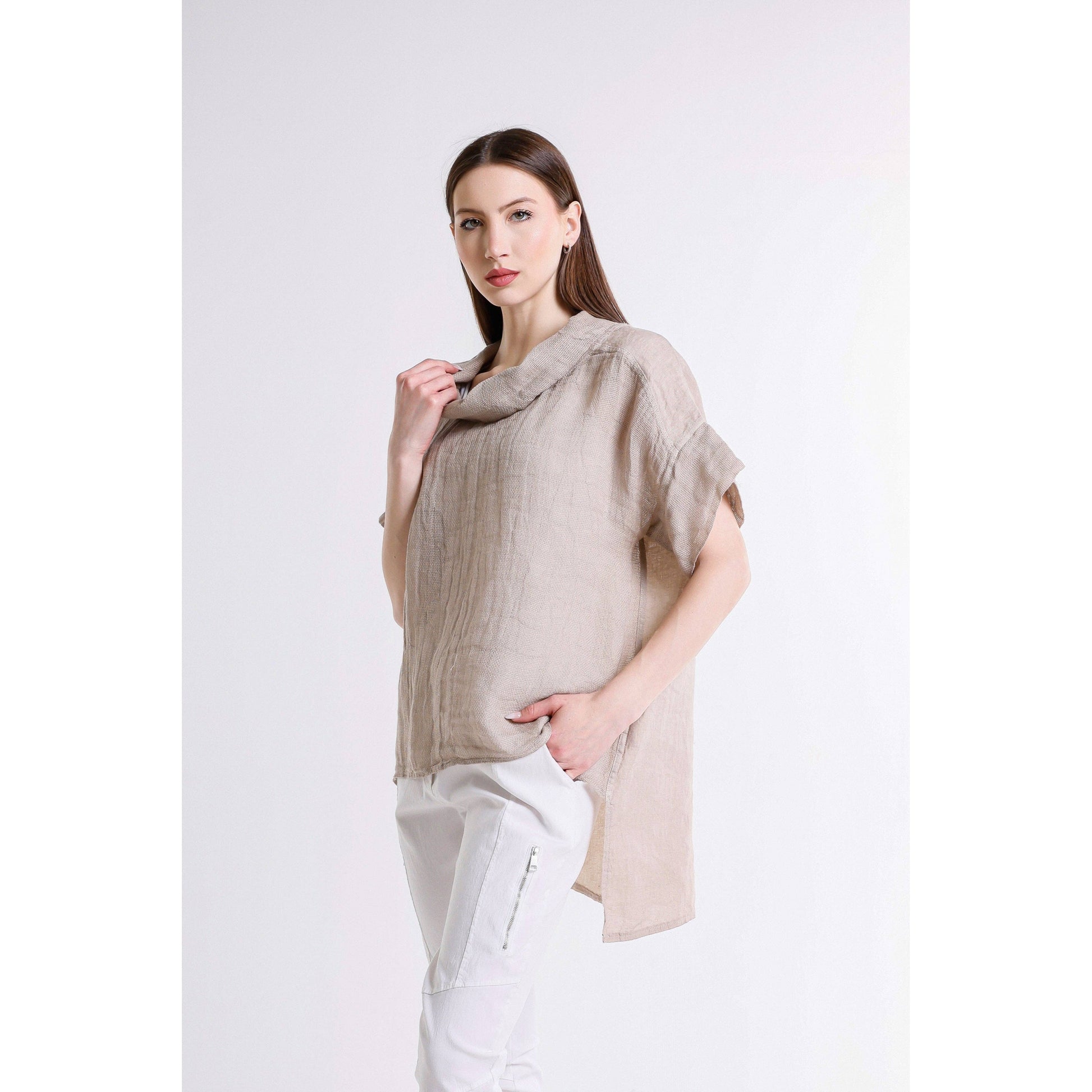 [TINA Stephens Italy/Tees By Tina - Cassidy Drape Neck Bubble Linen Top (BSS908): 286 Cashmere / One Size], [CLOTHING], [TINA Stephens Italy/Tees By Tina], [Plum Bottom].