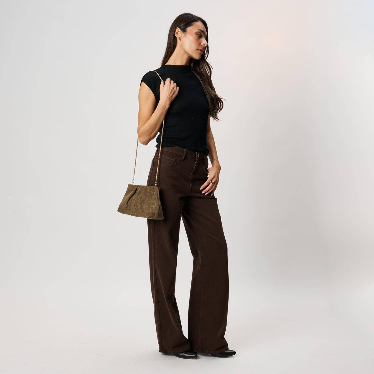 [Moda Luxe - Elva - Croc Embossed Faux Suede Clutch: Olive], [Handbags], [Moda Luxe], [Plum Bottom].