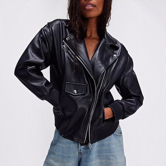Plum Bottom BLANK NYC black vegan leather moto jacket with asymmetrical zipper, ribbed trim, and snap-button pockets.