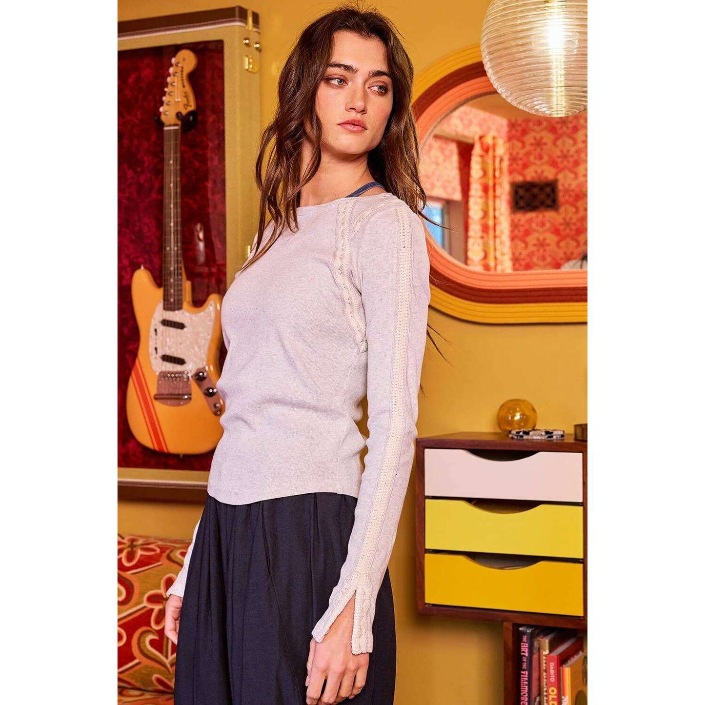 [BUCKETLIST INC Lace Trim Long Sleeve Ribbed Knit Top Heather grey], [CLOTHING], [BUCKETLIST INC], [Plum Bottom].