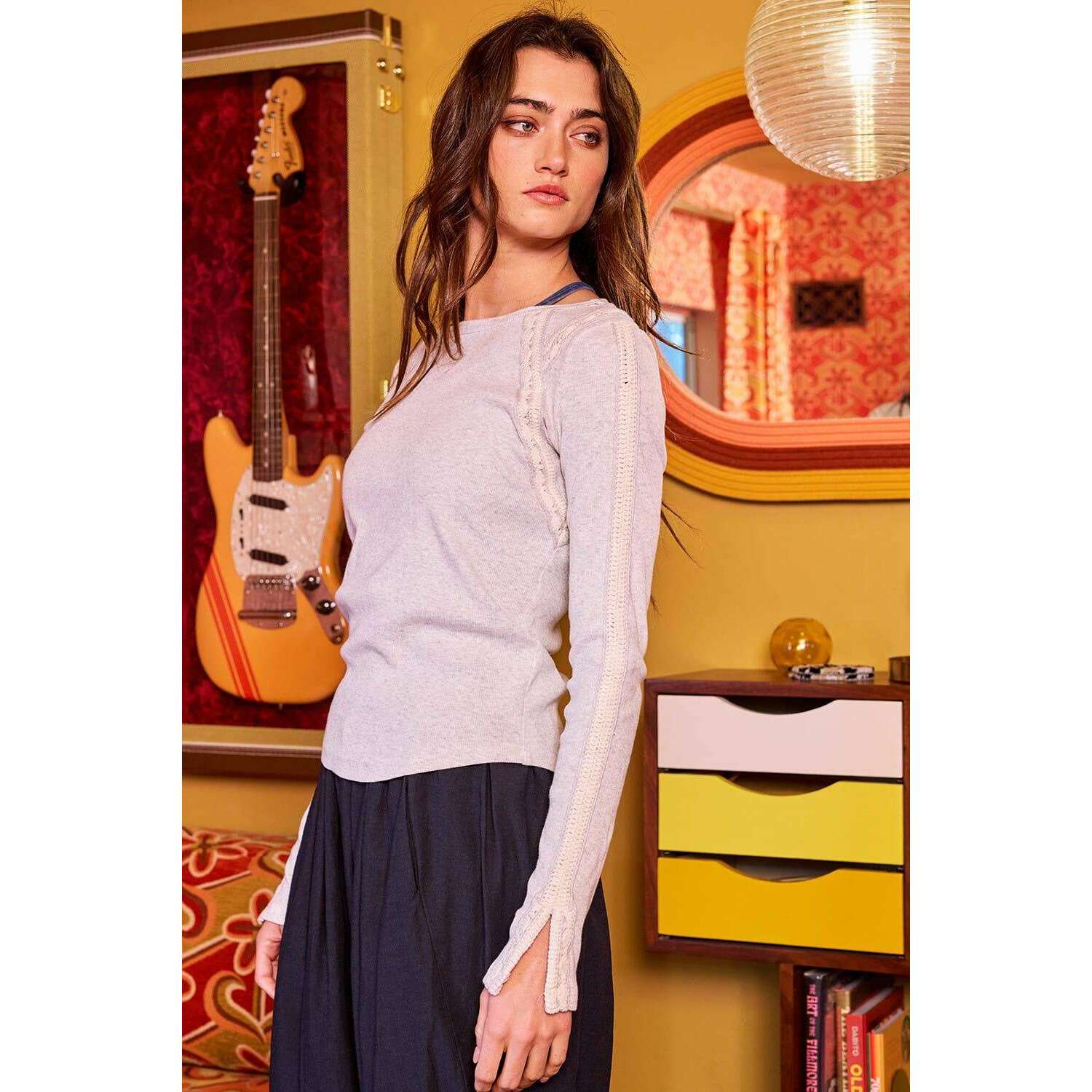 [BUCKETLIST INC Lace Trim Long Sleeve Ribbed Knit Top Heather grey], [CLOTHING], [BUCKETLIST INC], [Plum Bottom].