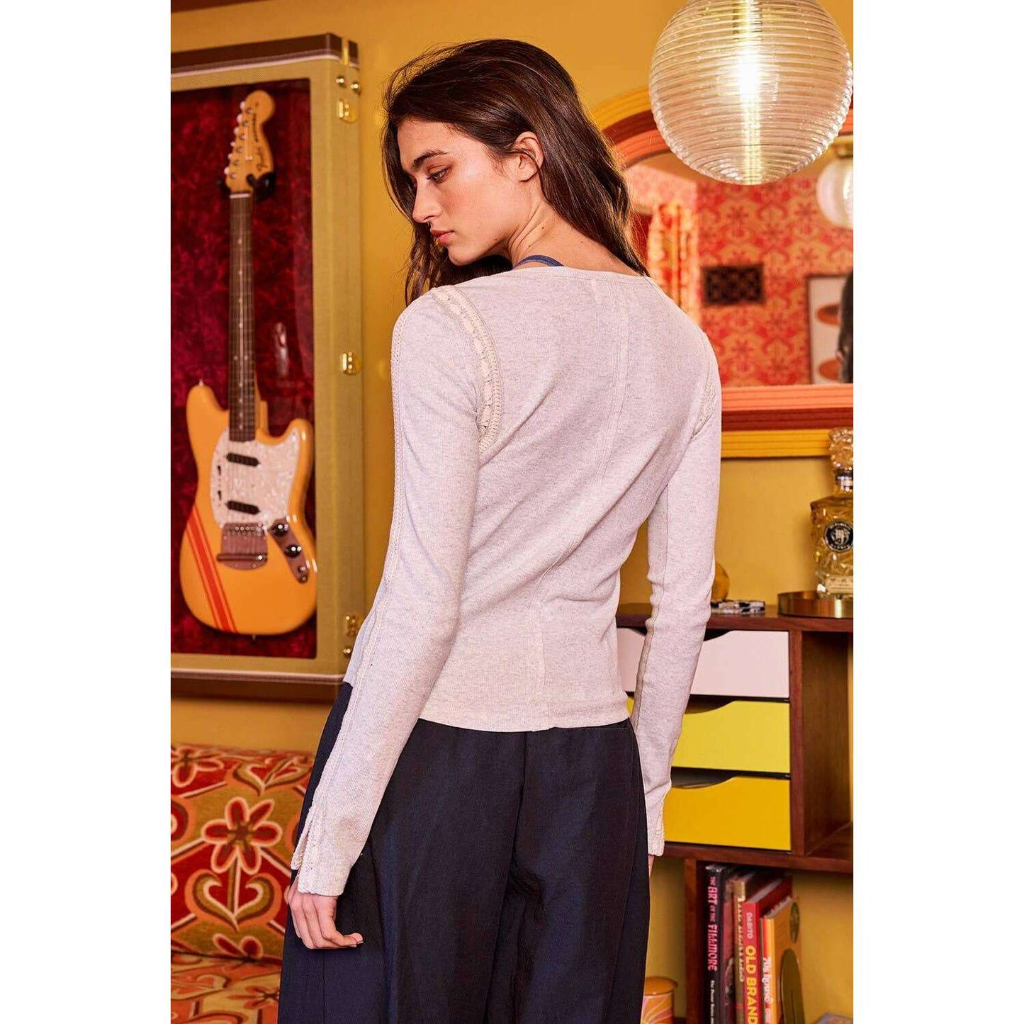 [BUCKETLIST INC Lace Trim Long Sleeve Ribbed Knit Top Heather grey], [CLOTHING], [BUCKETLIST INC], [Plum Bottom].