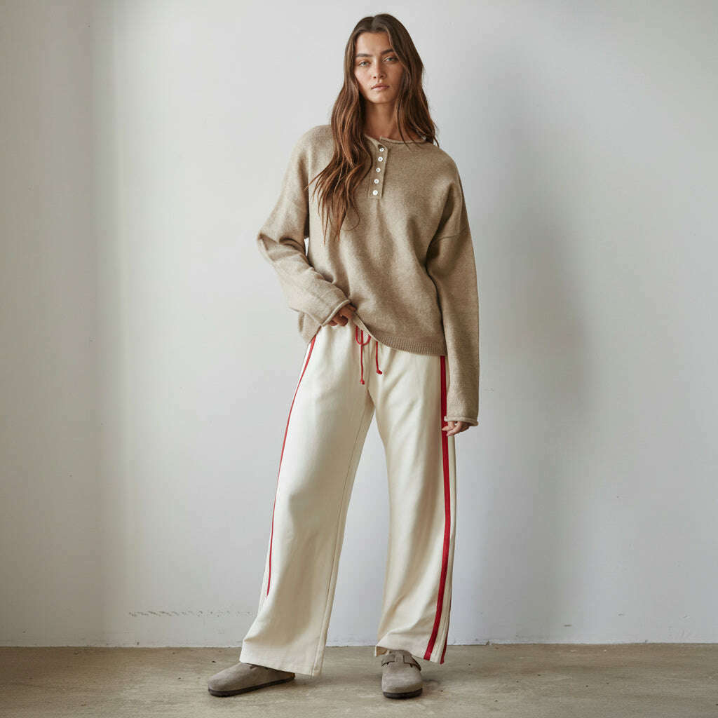 [By Together - L8552 | Knit Cotton French Terry Side Contrast Trim Pants: Cream Red / L], [Loungewear], [By Together], [Plum Bottom].