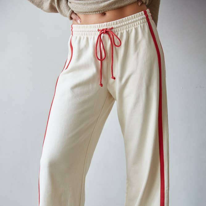 [By Together - L8552 | Knit Cotton French Terry Side Contrast Trim Pants: Cream Red / L], [Loungewear], [By Together], [Plum Bottom].