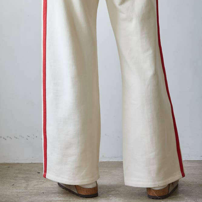 [By Together - L8552 | Knit Cotton French Terry Side Contrast Trim Pants: Cream Red / L], [Loungewear], [By Together], [Plum Bottom].