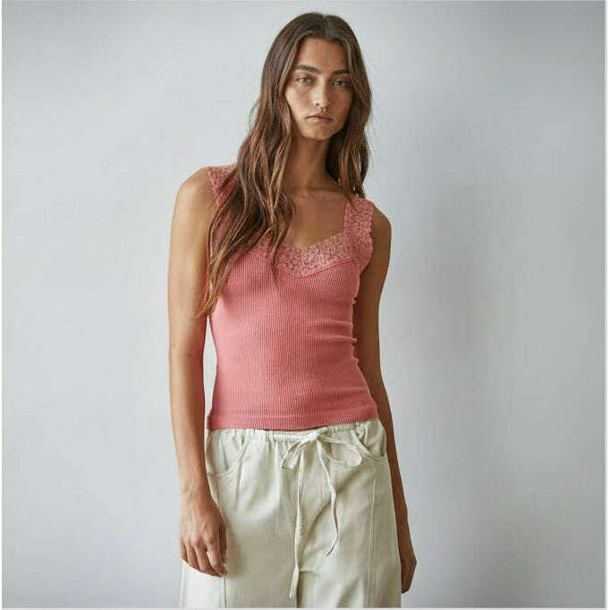 [By Together - S1217N | Knit Seamless Ribbed Tank Top with Lace Trim: Light Cherry / ML], [Tops], [By Together], [Plum Bottom].