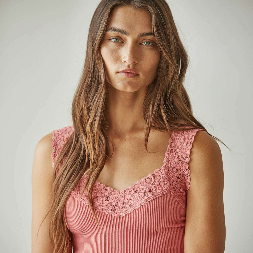[By Together - S1217N | Knit Seamless Ribbed Tank Top with Lace Trim: Light Cherry / ML], [Tops], [By Together], [Plum Bottom].