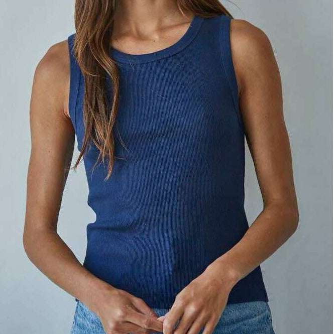 [By Together - L8749 | Knit Cotton Ribbed Round Neck Sleeveless Tank Top: Navy / S], [Tops], [By Together], [Plum Bottom].