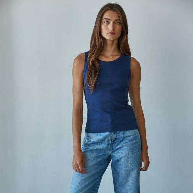 [By Together - L8749 | Knit Cotton Ribbed Round Neck Sleeveless Tank Top: Navy / S], [Tops], [By Together], [Plum Bottom].