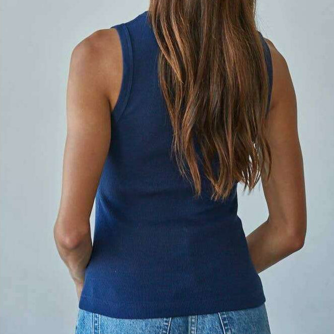 [By Together - L8749 | Knit Cotton Ribbed Round Neck Sleeveless Tank Top: Navy / S], [Tops], [By Together], [Plum Bottom].