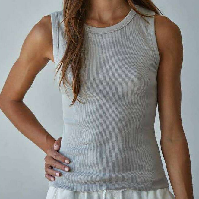 [By Together - L8749 | Knit Cotton Ribbed Round Neck Sleeveless Tank Top: Taupe / L], [Tops], [By Together], [Plum Bottom].