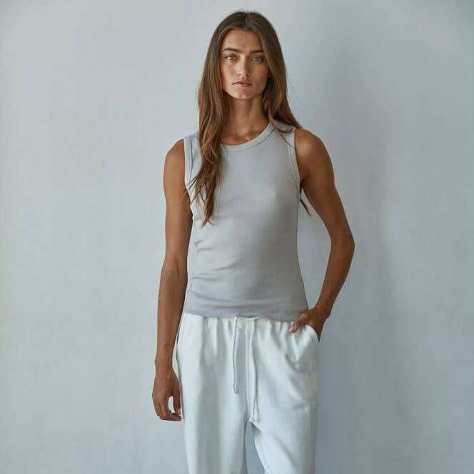 [By Together - L8749 | Knit Cotton Ribbed Round Neck Sleeveless Tank Top: Taupe / L], [Tops], [By Together], [Plum Bottom].