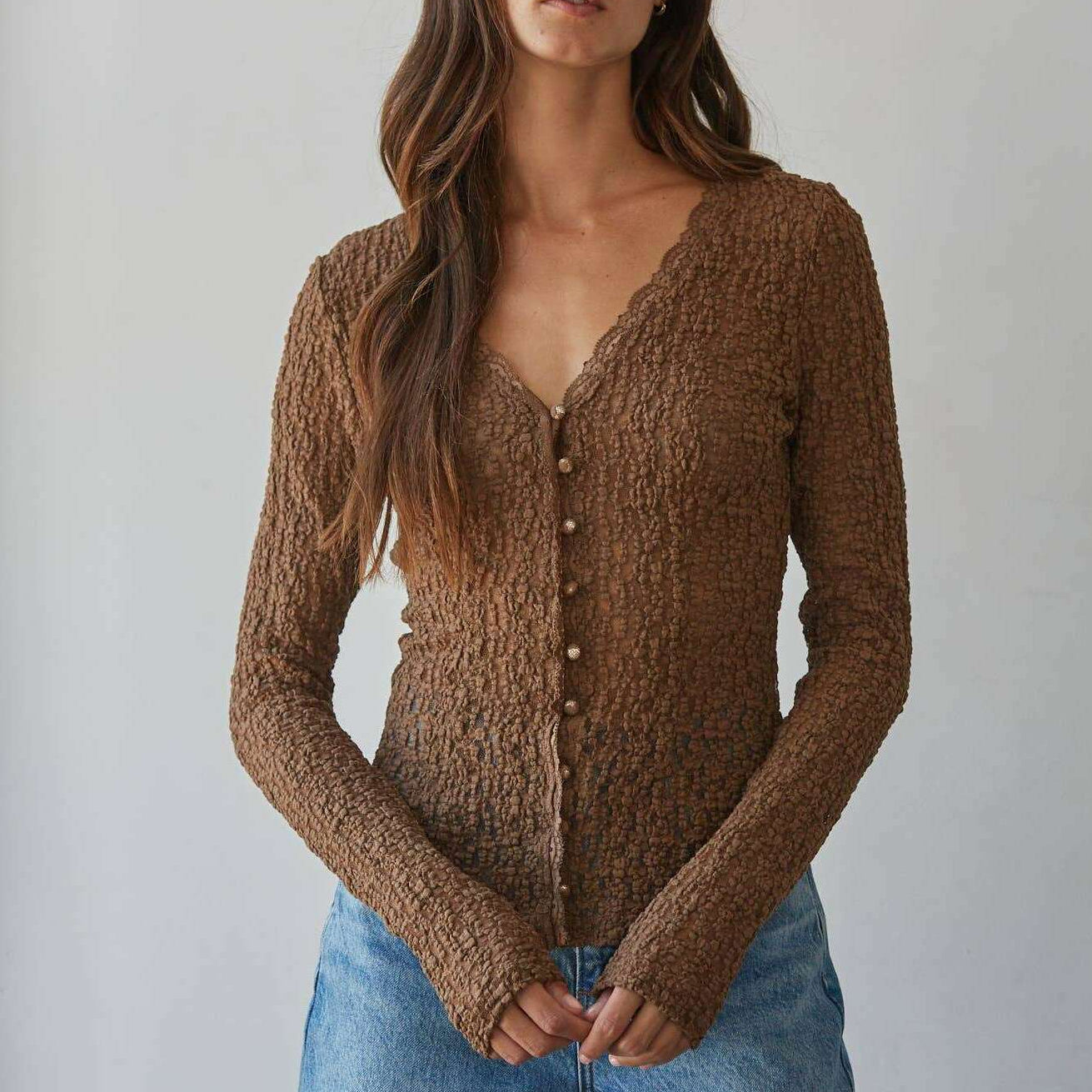 [By Together - L9846 | Woven Cotton Nylon Spandex Lace Button Down Top: Brown / L], [Tops], [By Together], [Plum Bottom].