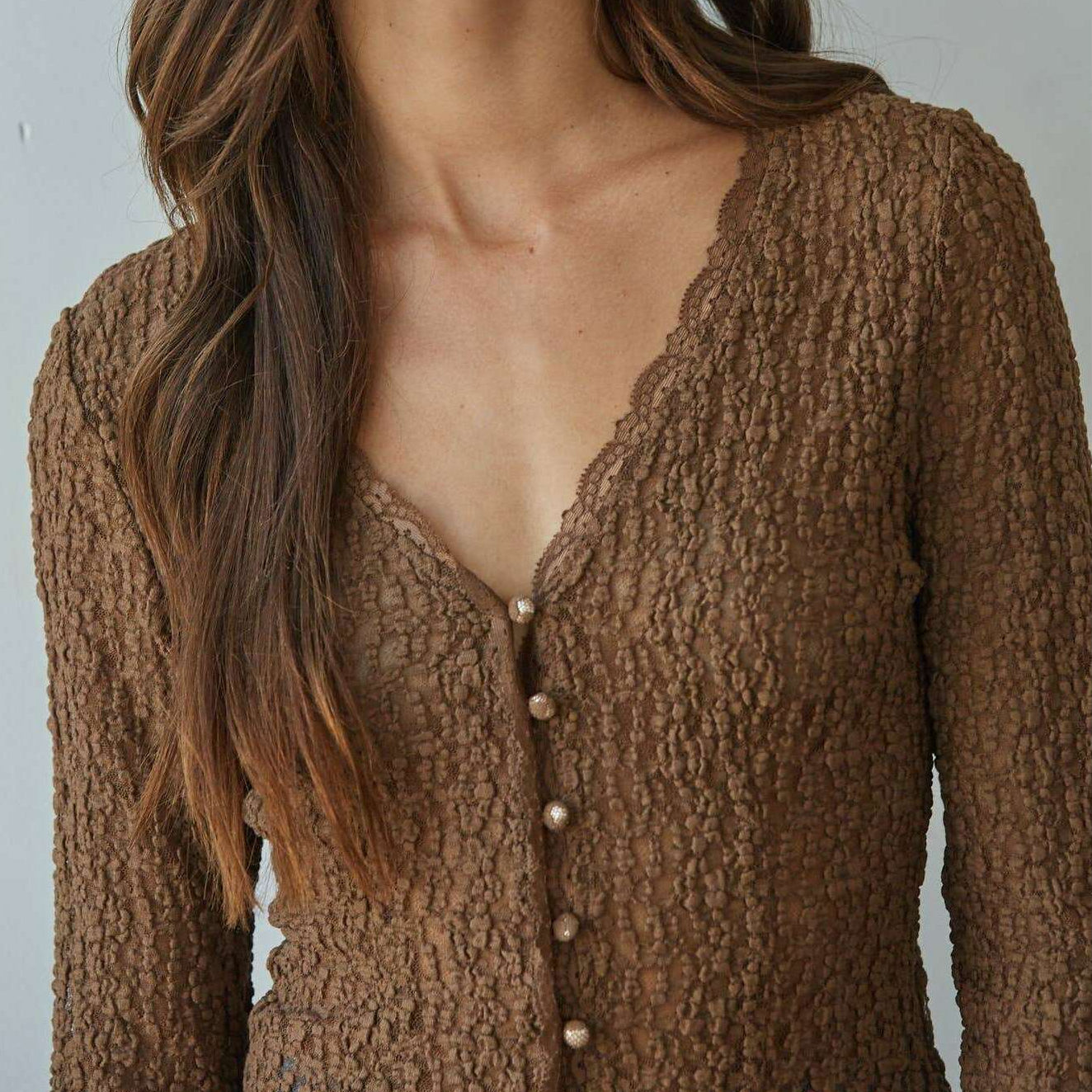 [By Together - L9846 | Woven Cotton Nylon Spandex Lace Button Down Top: Brown / L], [Tops], [By Together], [Plum Bottom].