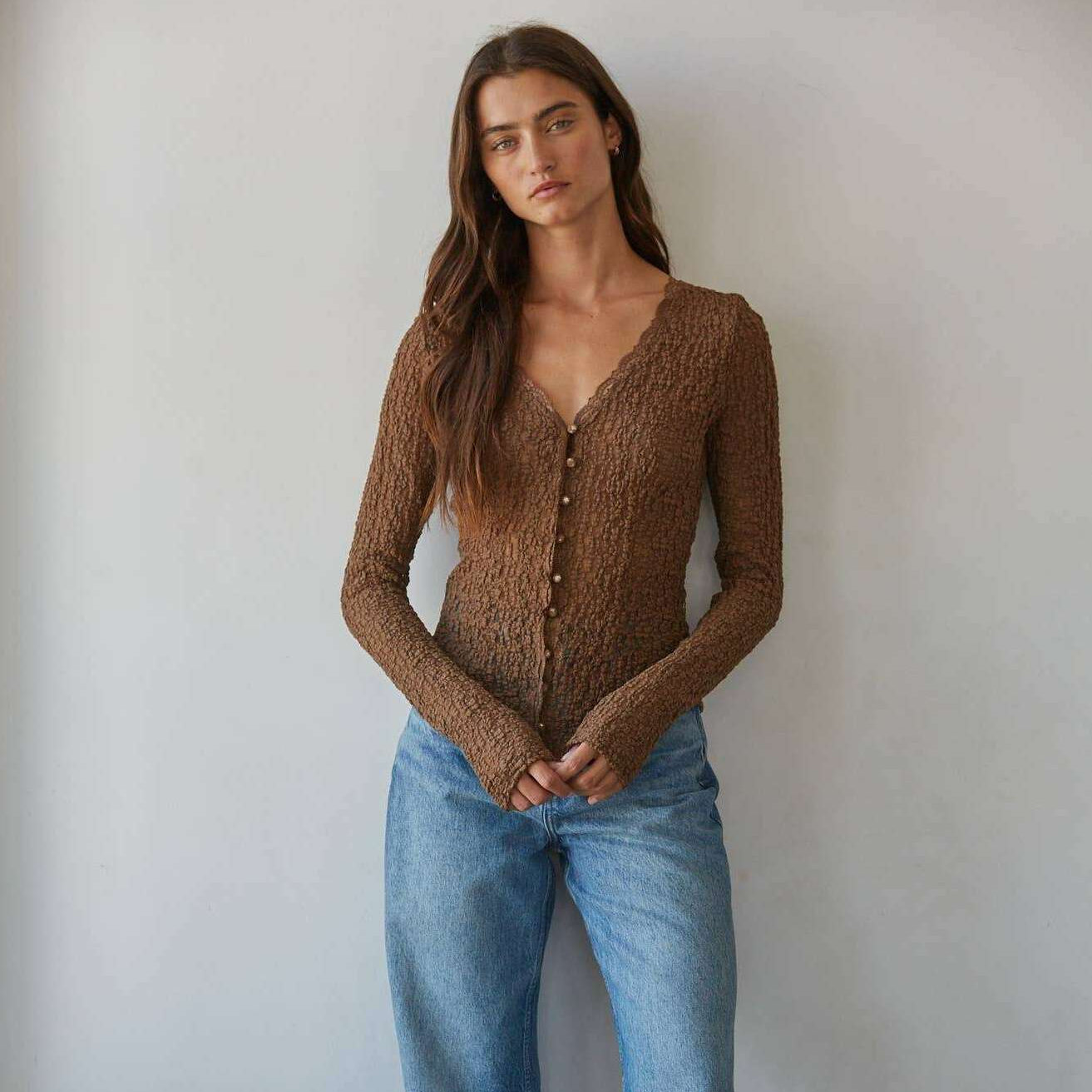 [By Together - L9846 | Woven Cotton Nylon Spandex Lace Button Down Top: Brown / L], [Tops], [By Together], [Plum Bottom].