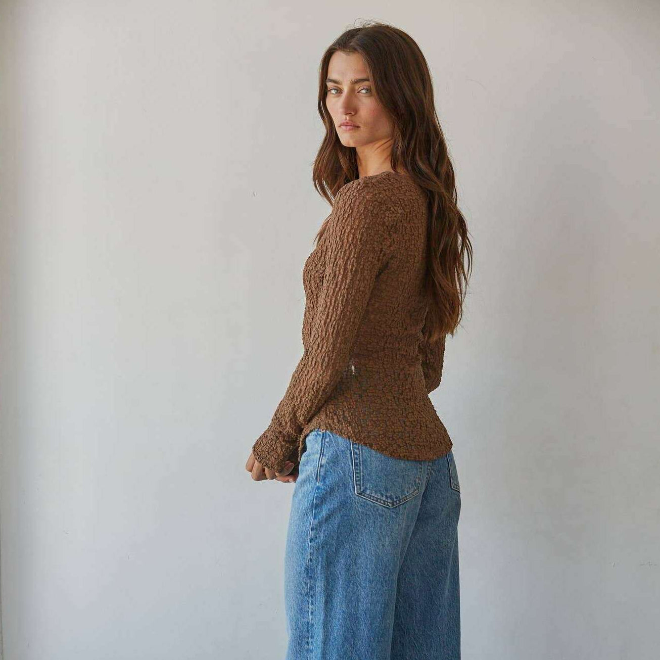 [By Together - L9846 | Woven Cotton Nylon Spandex Lace Button Down Top: Brown / L], [Tops], [By Together], [Plum Bottom].