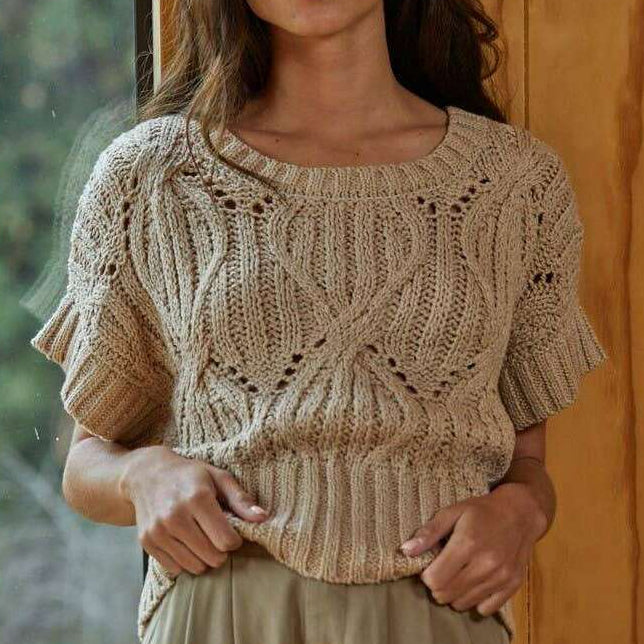[By Together - W1124 | Knit Sweater Crochet Round Neck Short Sleeve Top: Taupe / Small], [Tops], [By Together], [Plum Bottom].