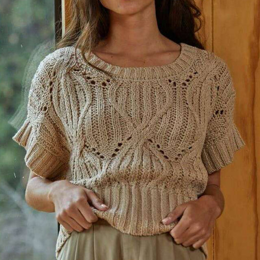 [By Together - W1124 | Knit Sweater Crochet Round Neck Short Sleeve Top: Taupe / Small], [Tops], [By Together], [Plum Bottom].