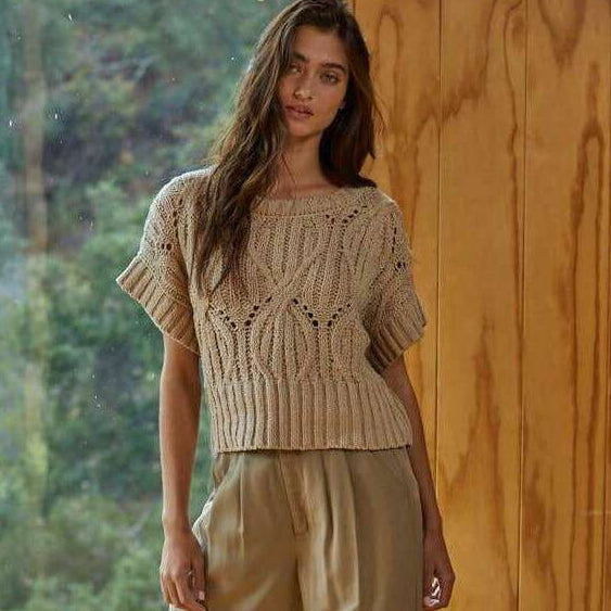 [By Together - W1124 | Knit Sweater Crochet Round Neck Short Sleeve Top: Taupe / Small], [Tops], [By Together], [Plum Bottom].