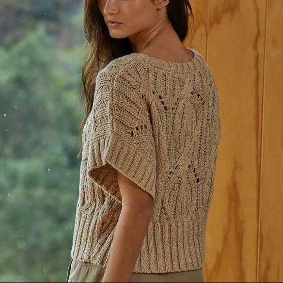 [By Together - W1124 | Knit Sweater Crochet Round Neck Short Sleeve Top: Taupe / Small], [Tops], [By Together], [Plum Bottom].