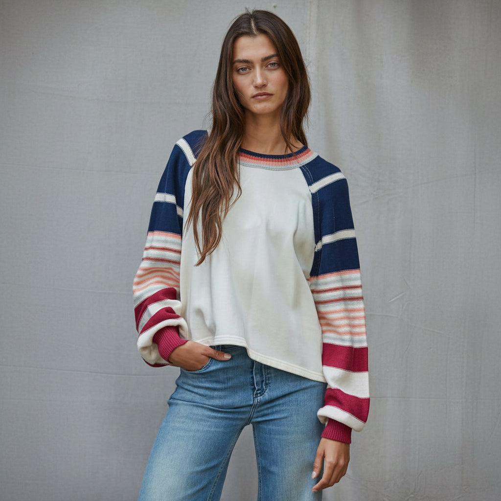 [By Together - W2591 | Knit Multi Color Striped Long Sleeve Pullover Top: Cream Navy / L], [Sweater], [By Together], [Plum Bottom].