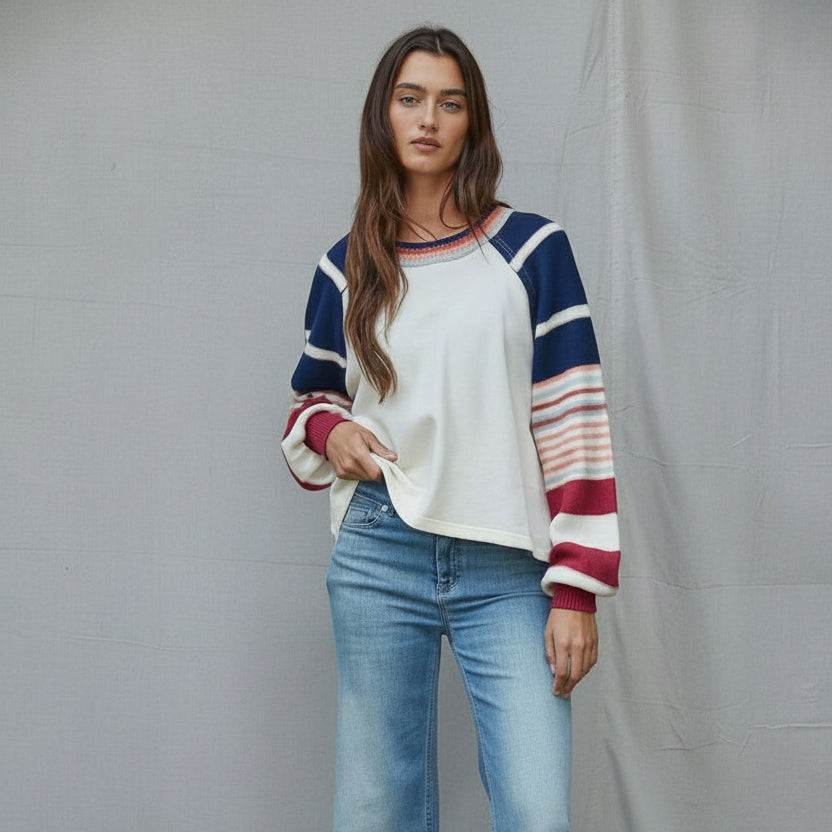 [By Together - W2591 | Knit Multi Color Striped Long Sleeve Pullover Top: Cream Navy / L], [Sweater], [By Together], [Plum Bottom].