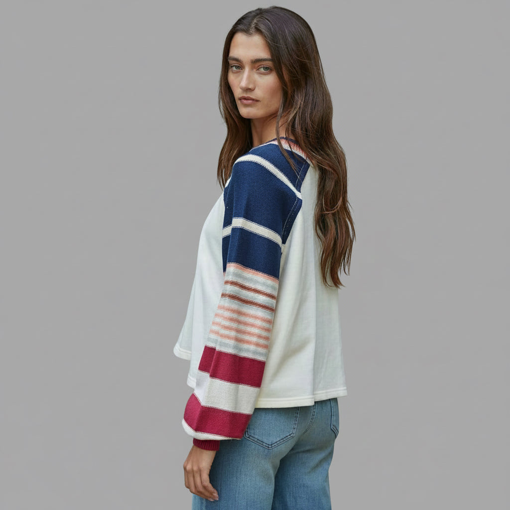 [By Together - W2591 | Knit Multi Color Striped Long Sleeve Pullover Top: Cream Navy / L], [Sweater], [By Together], [Plum Bottom].
