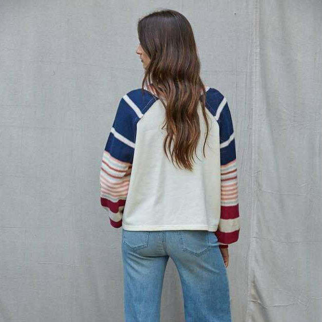 [By Together - W2591 | Knit Multi Color Striped Long Sleeve Pullover Top: Cream Navy / L], [Sweater], [By Together], [Plum Bottom].